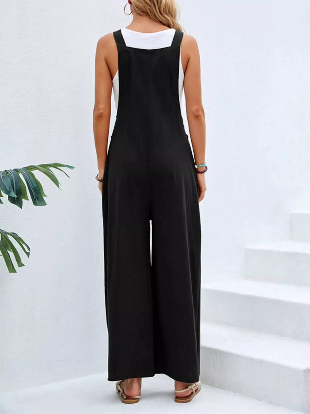 Full Size Casual Wide-Leg Overalls with Pockets Plus Size in black, back view.