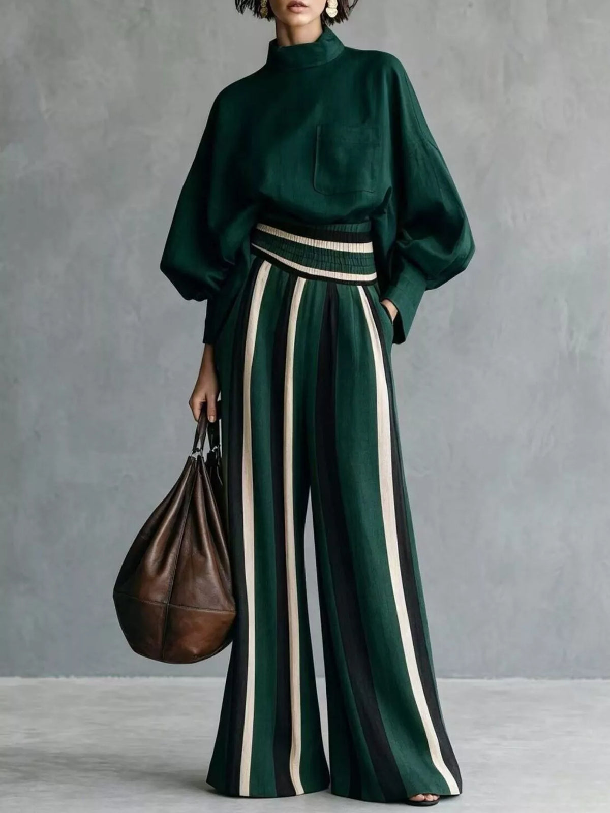Mock Neck Blouse & Striped Wide-Leg Pants Set in Dark Green by Belle Bijouix – view 3 of 12