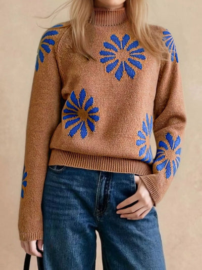 Flower Mock Neck Raglan Sleeve Sweater