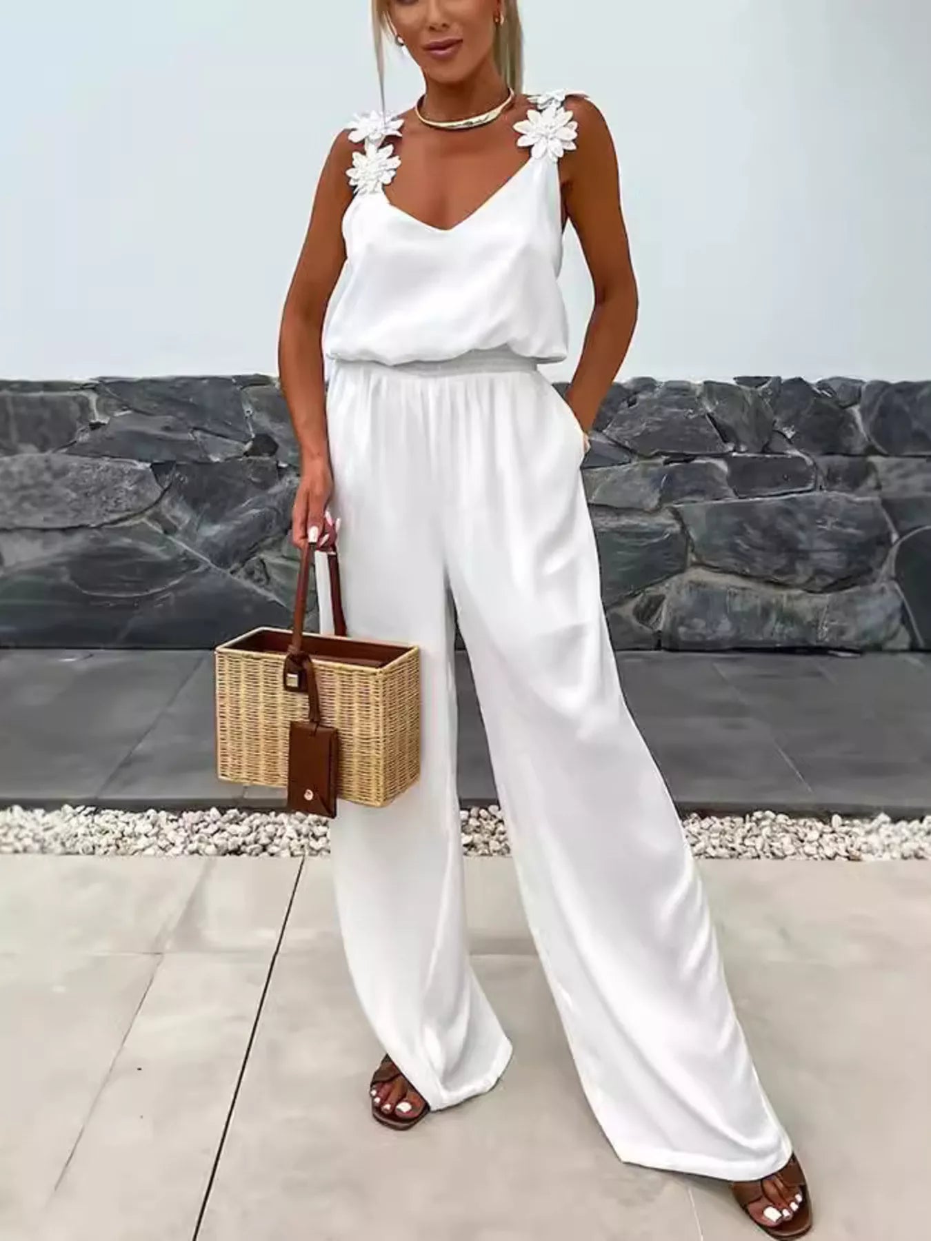 Floral Applique V-Neck Wide Leg Jumpsuit in white by Trendsi