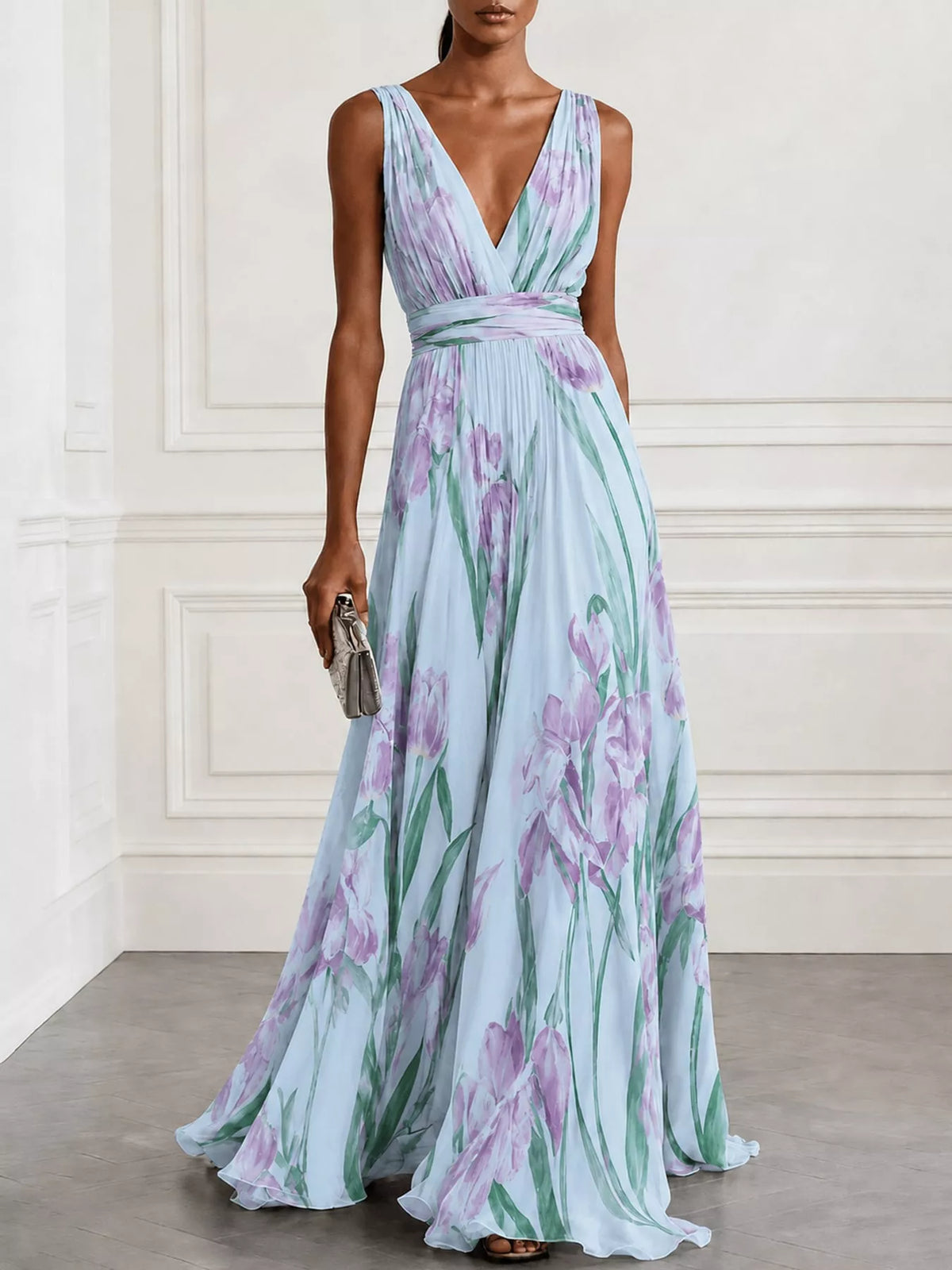 Sleeveless V-Neck Floral Maxi Dress in Light Blue by Belle Bijouix – view 29 of 37