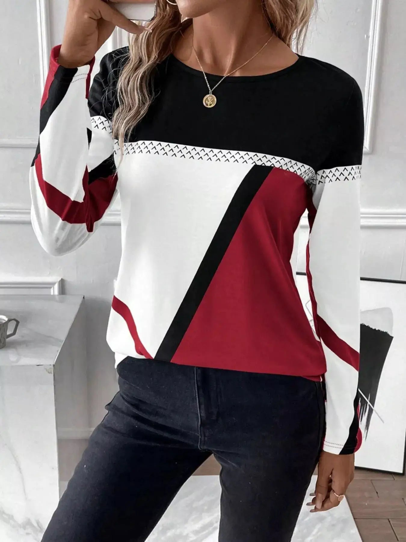 Color Block Long Sleeve T-Shirt by Belle Bijouix in black, white and red with diagonal panel