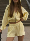 Zip-Up Cropped Hoodie & Shorts Set by Belle Bijouix, pastel yellow two-piece active wear