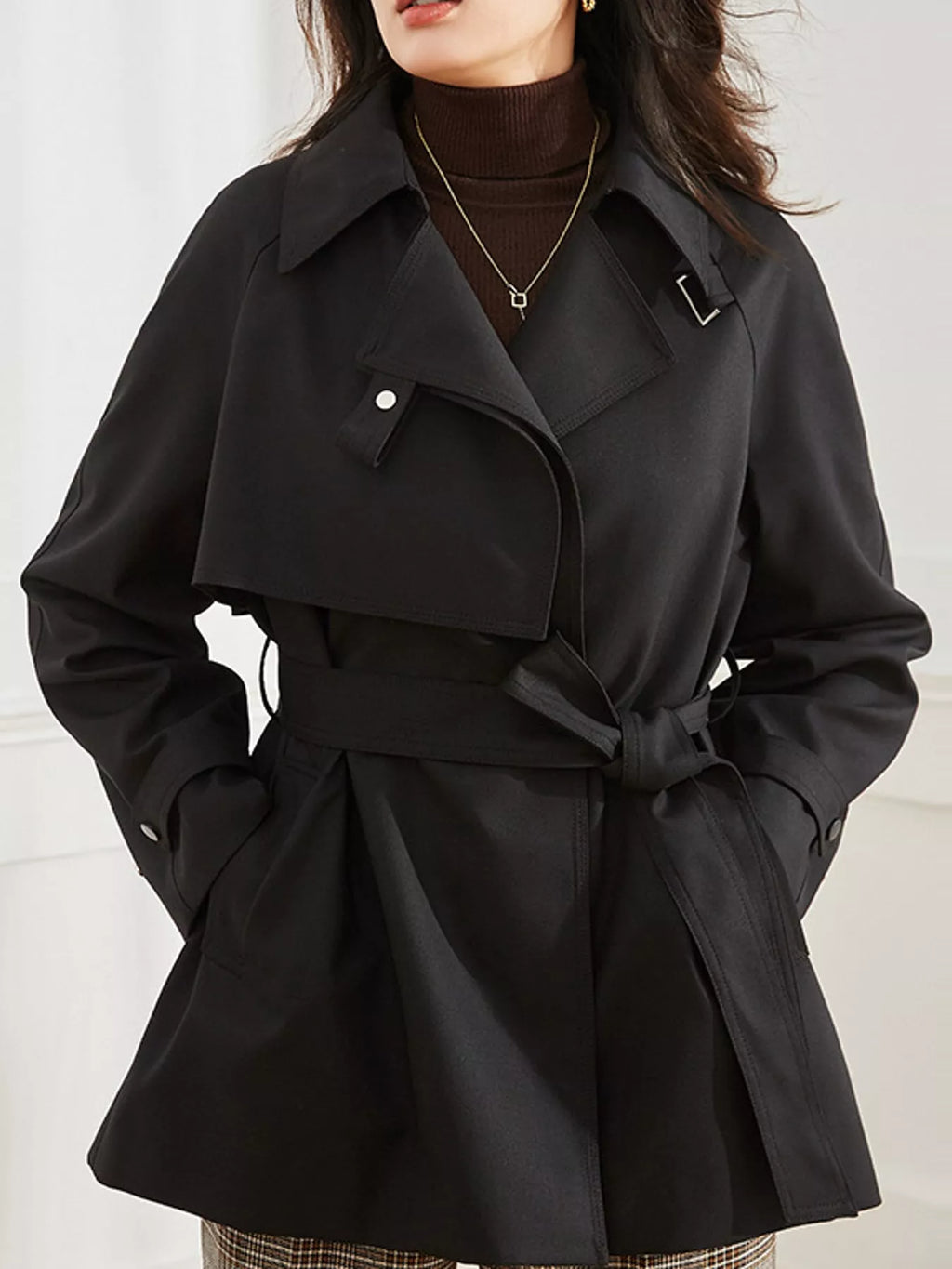 Double-Breasted Tie-Waist Short Trench Coat in Black by Belle Bijouix – view 9 of 20
