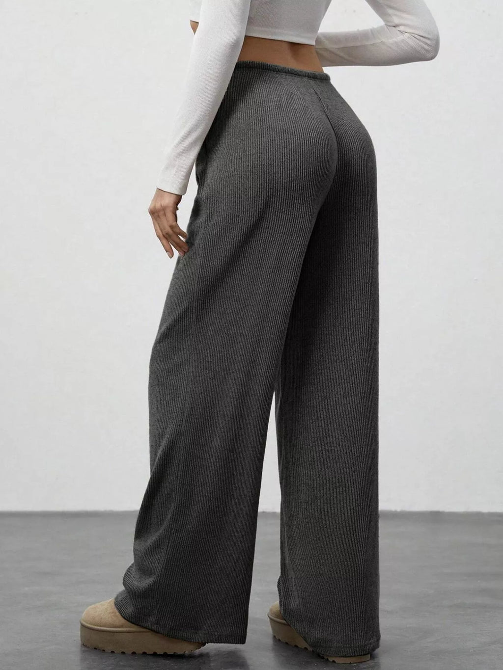 Relaxed Fit Drawstring Pants in charcoal gray ribbed knit with pockets, wide-leg joggers.