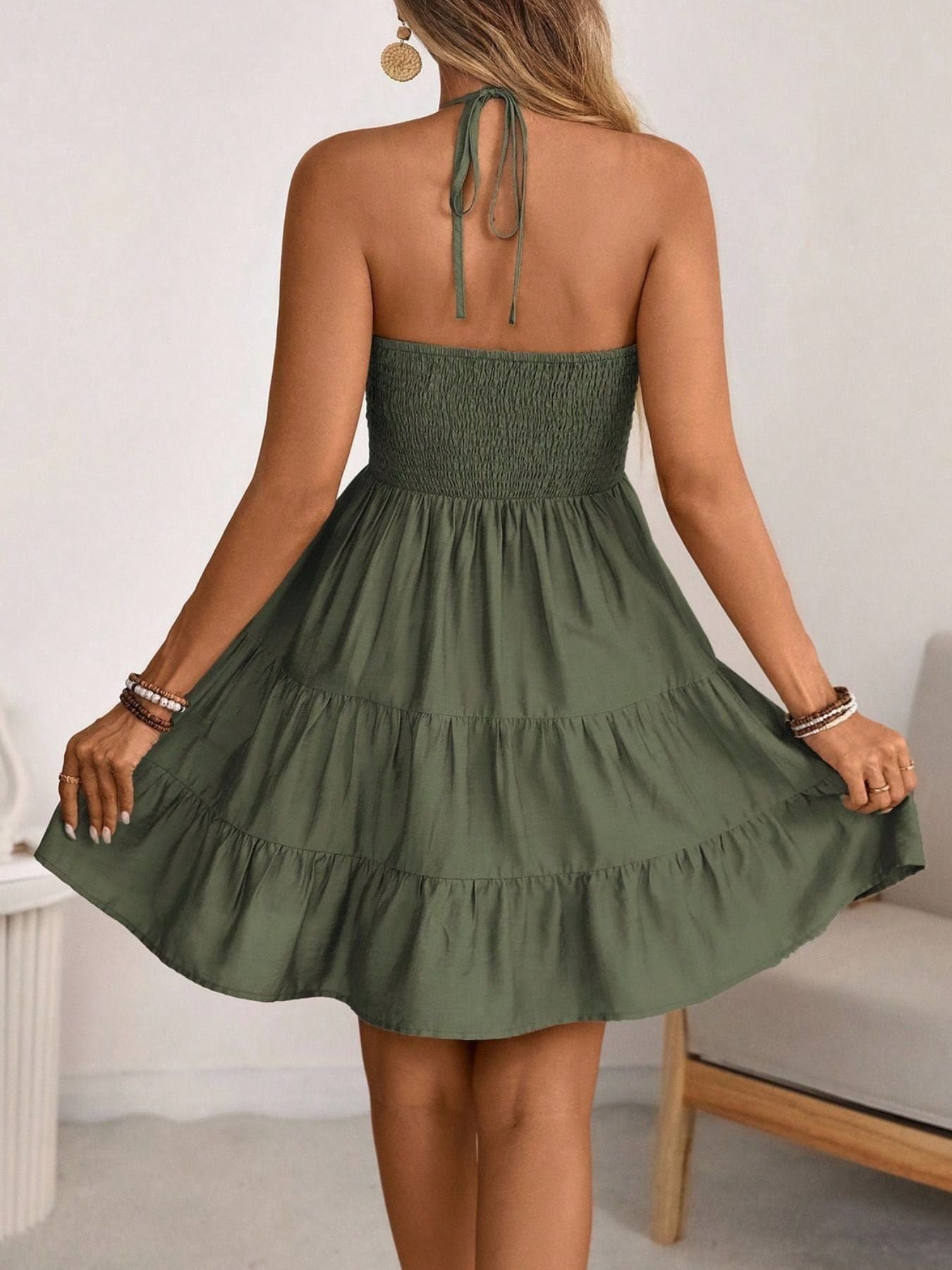 Smocked Halter Neck Tiered Dress in olive green with back-tie halter and layered skirt