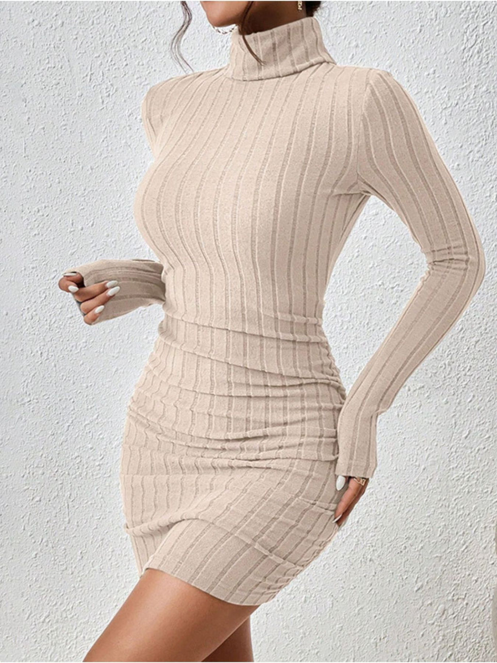 Turtleneck ribbed knit bodycon mini dress by Trendsi in beige
