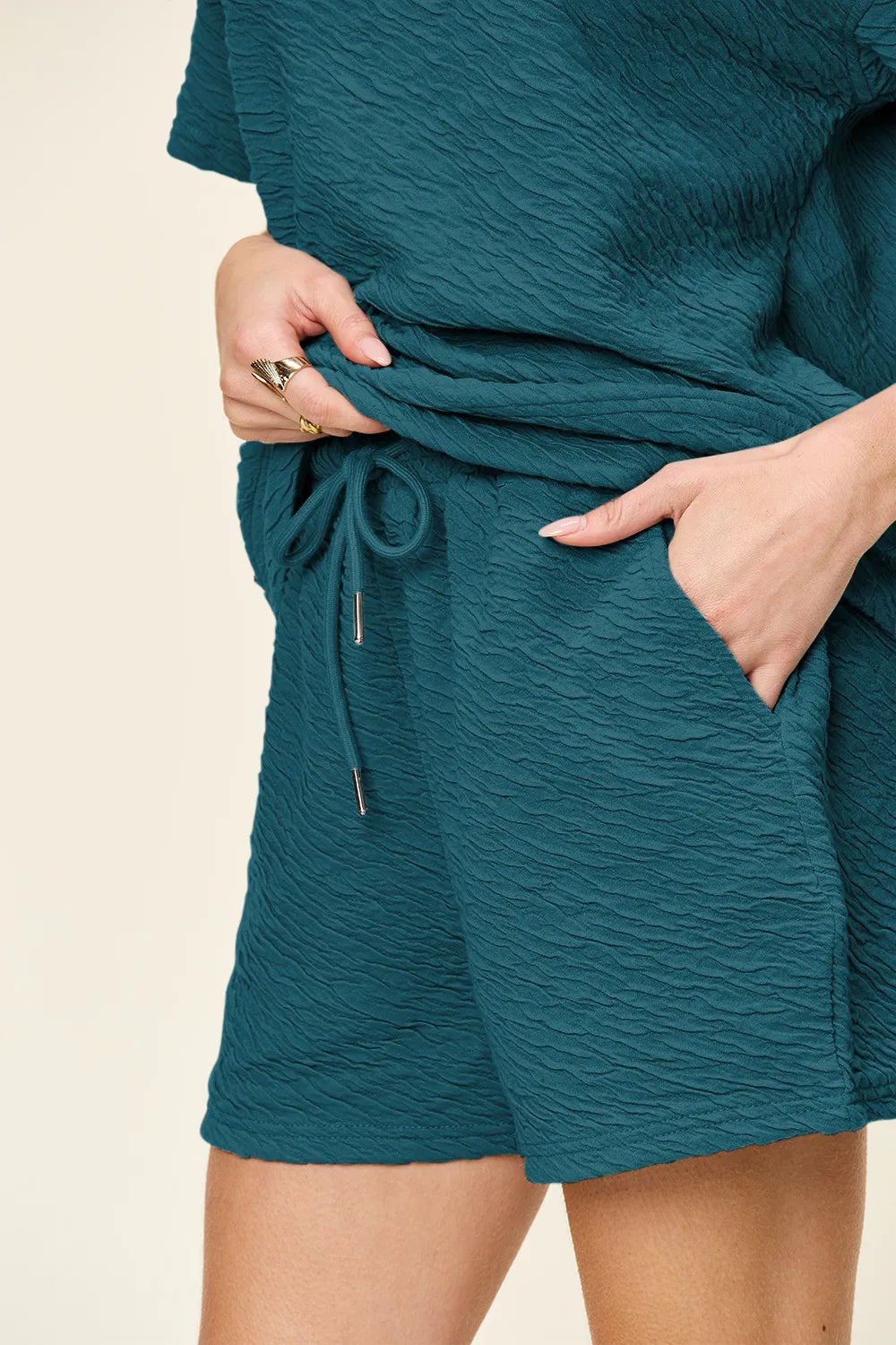 Double Take Full Size Texture Short Sleeve T-Shirt and Drawstring Shorts Set in teal with pockets