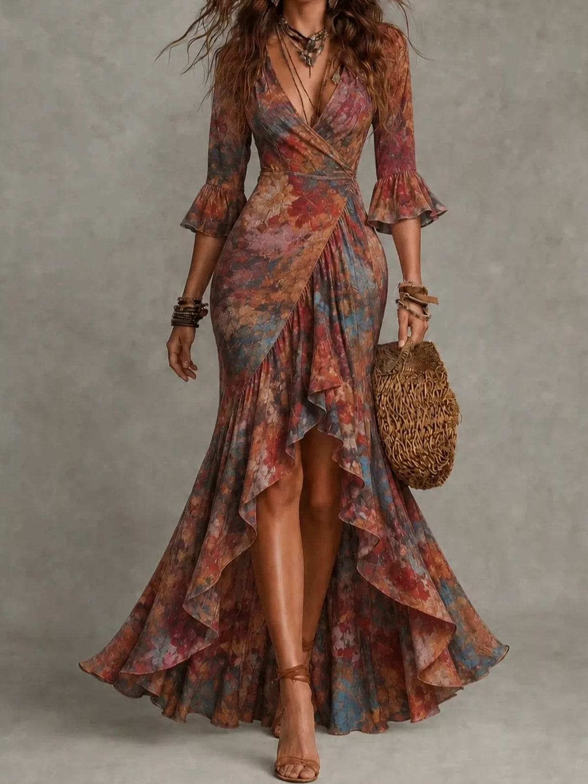 Floral Surplice High-Low Ruffle Maxi Dress in Dark Red by Belle Bijouix – view 10 of 20