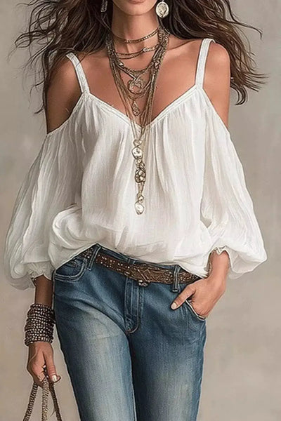 Women's Cold Shoulder Balloon Sleeve Blouse