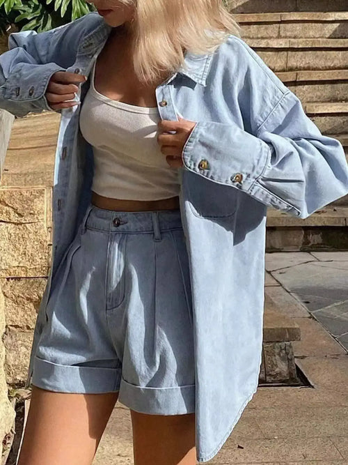 Button Up Long Sleeve Shirt and Shorts Denim Set, 2-piece light blue denim outfit