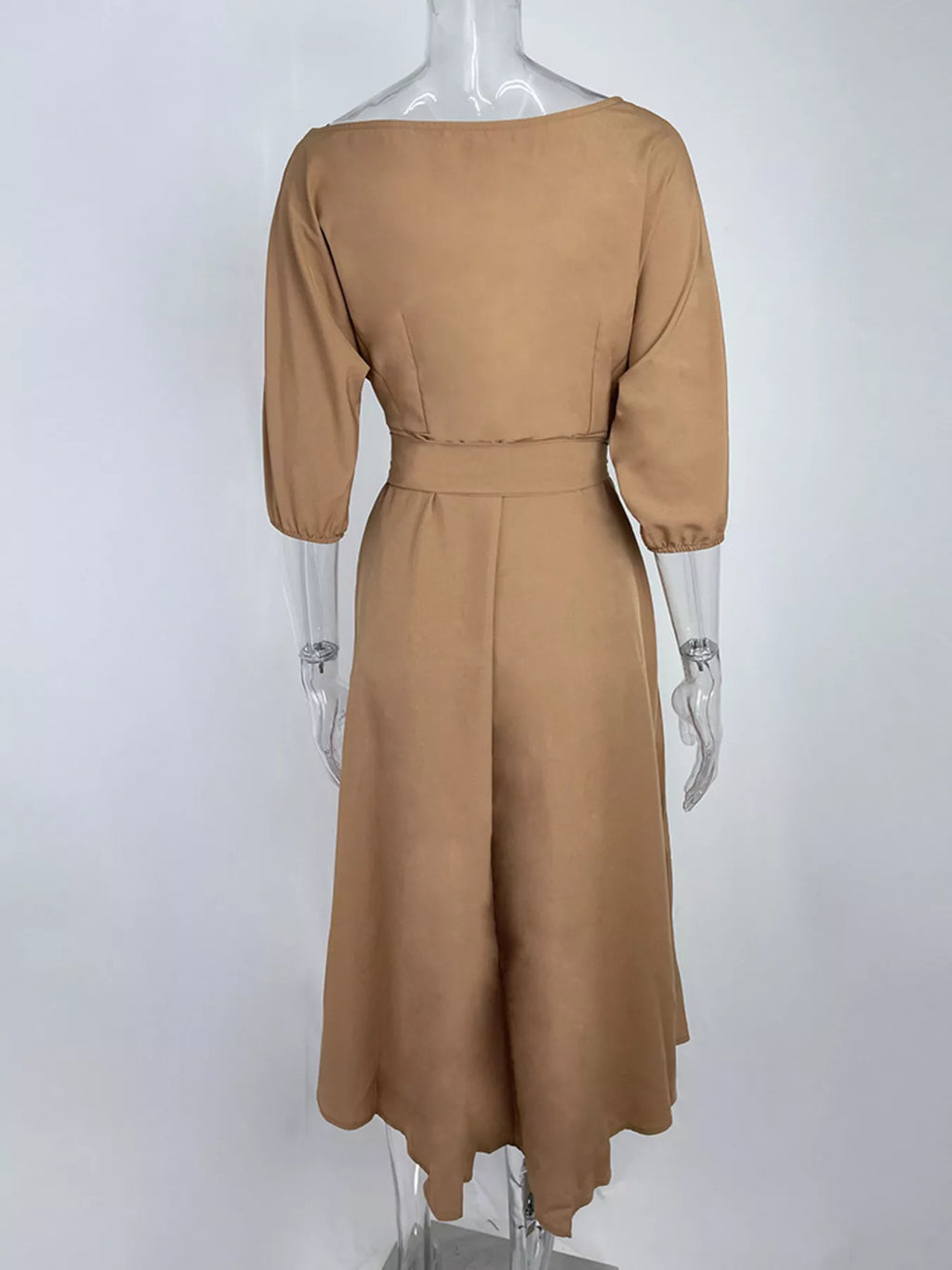 Boat Neck Tie Waist Dress in camel with waist belt and 3/4 sleeves.