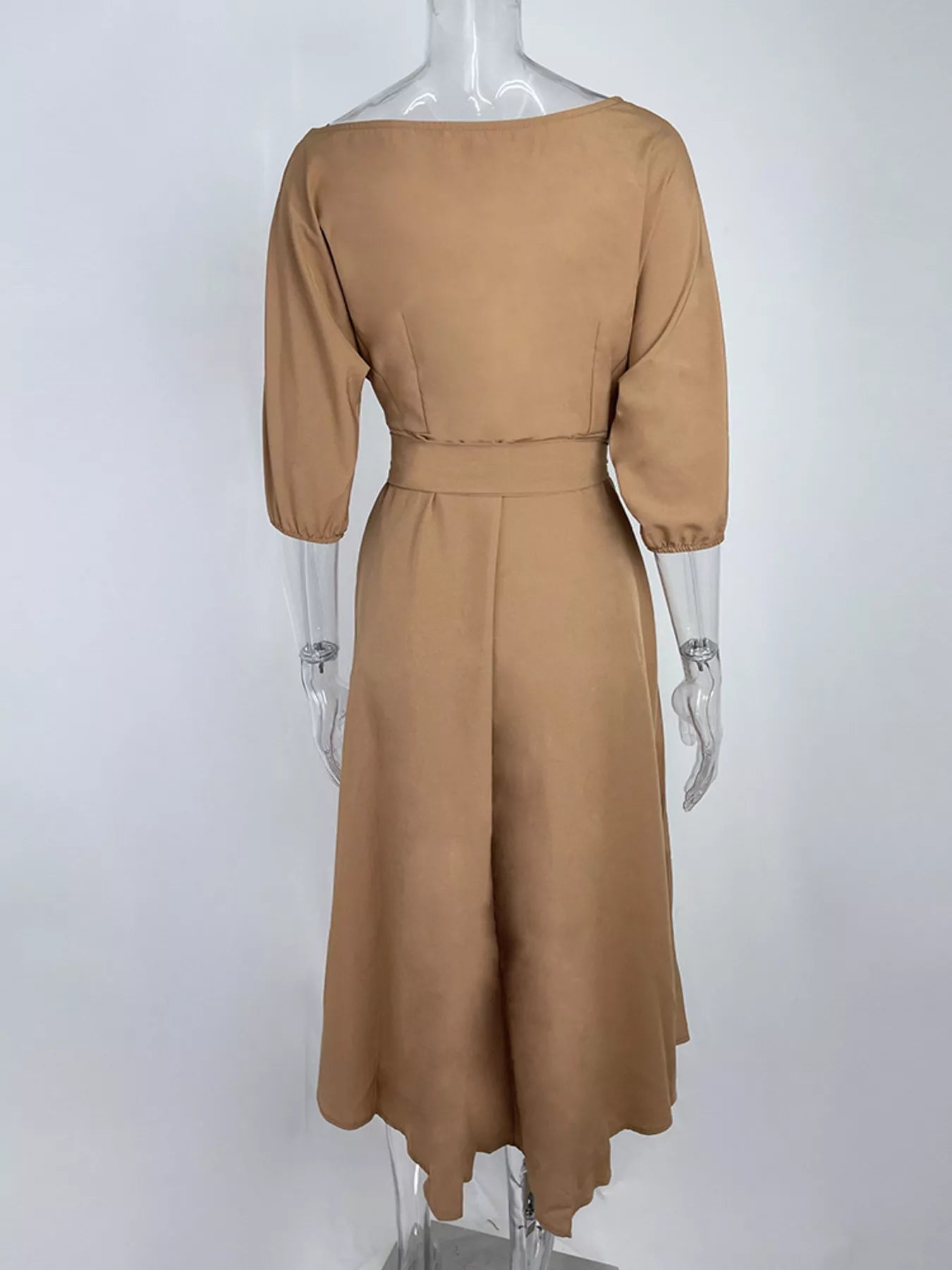 Boat Neck Tie Waist Dress in camel with waist belt and 3/4 sleeves.