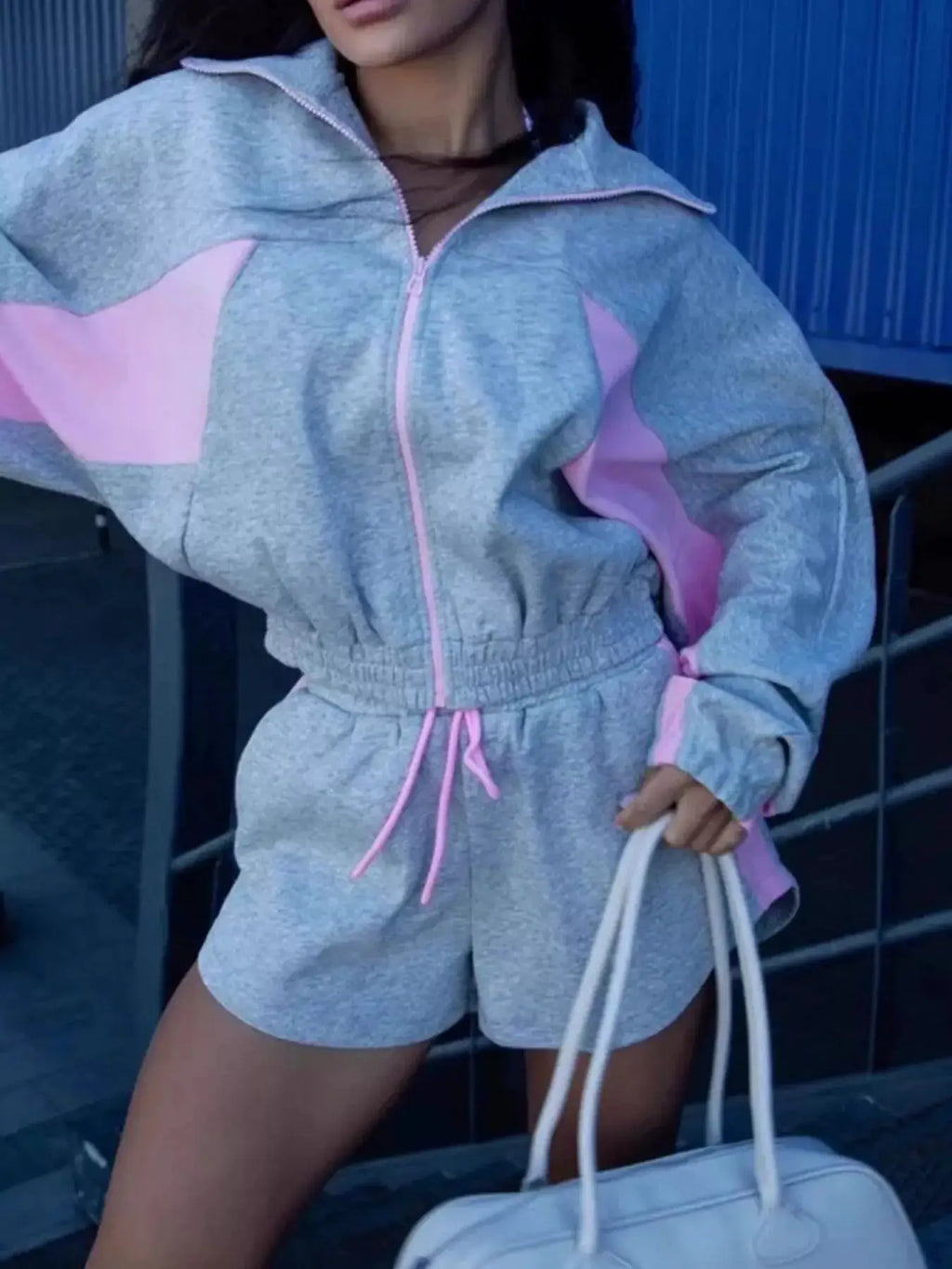 Zip-Up Long Sleeve Top & Shorts Set by Belle Bijouix, grey heather with pink accents, two-piece activewear