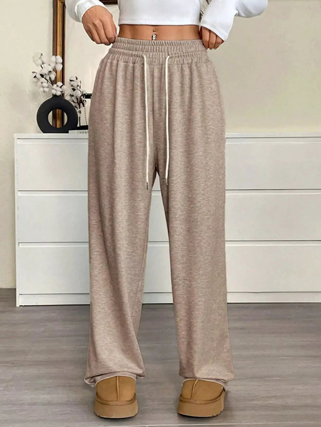 Full-size drawstring high-waist wide-leg pants in beige with pockets plus size