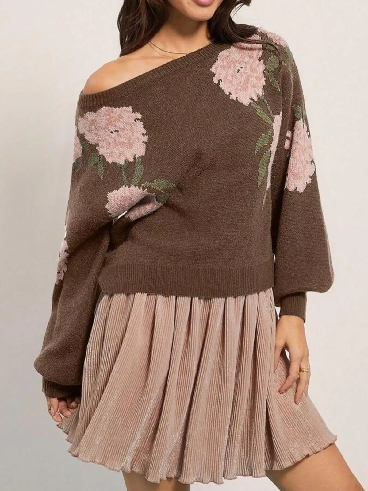 Floral Dropped Shoulder Knit Sweater in Coffee Brown by Belle Bijouix – view 6 of 16