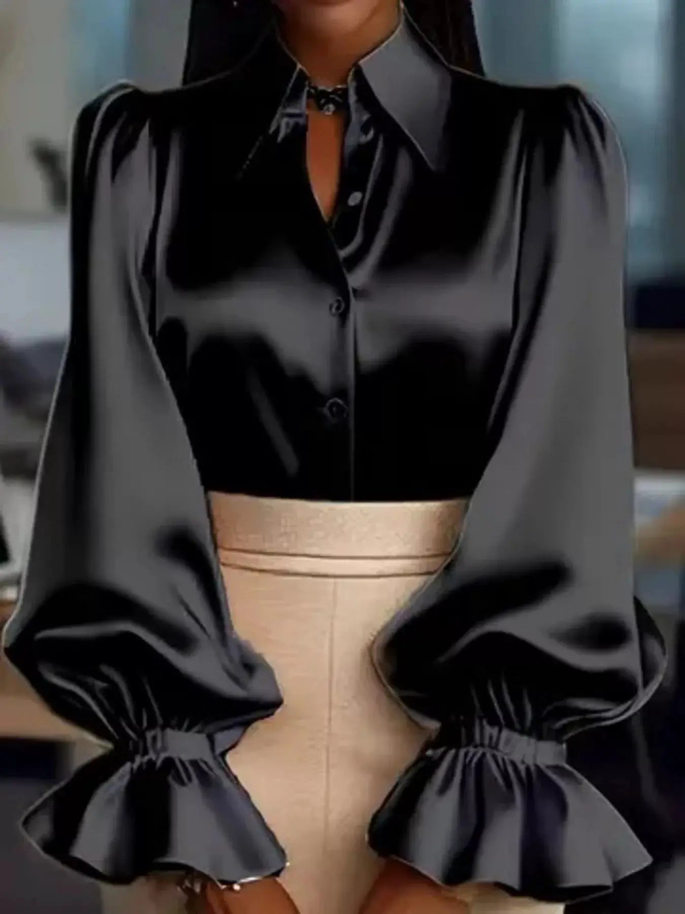 Satin Button Up Flounce Sleeve Shirt by Belle Bijouix, black satin top with puff sleeves and button front.