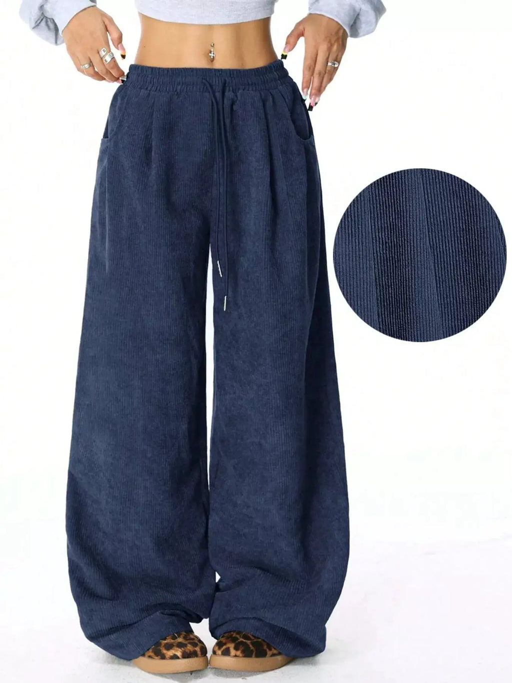Casual Corduroy Wide-Leg Pants with drawstring waist and pockets in navy