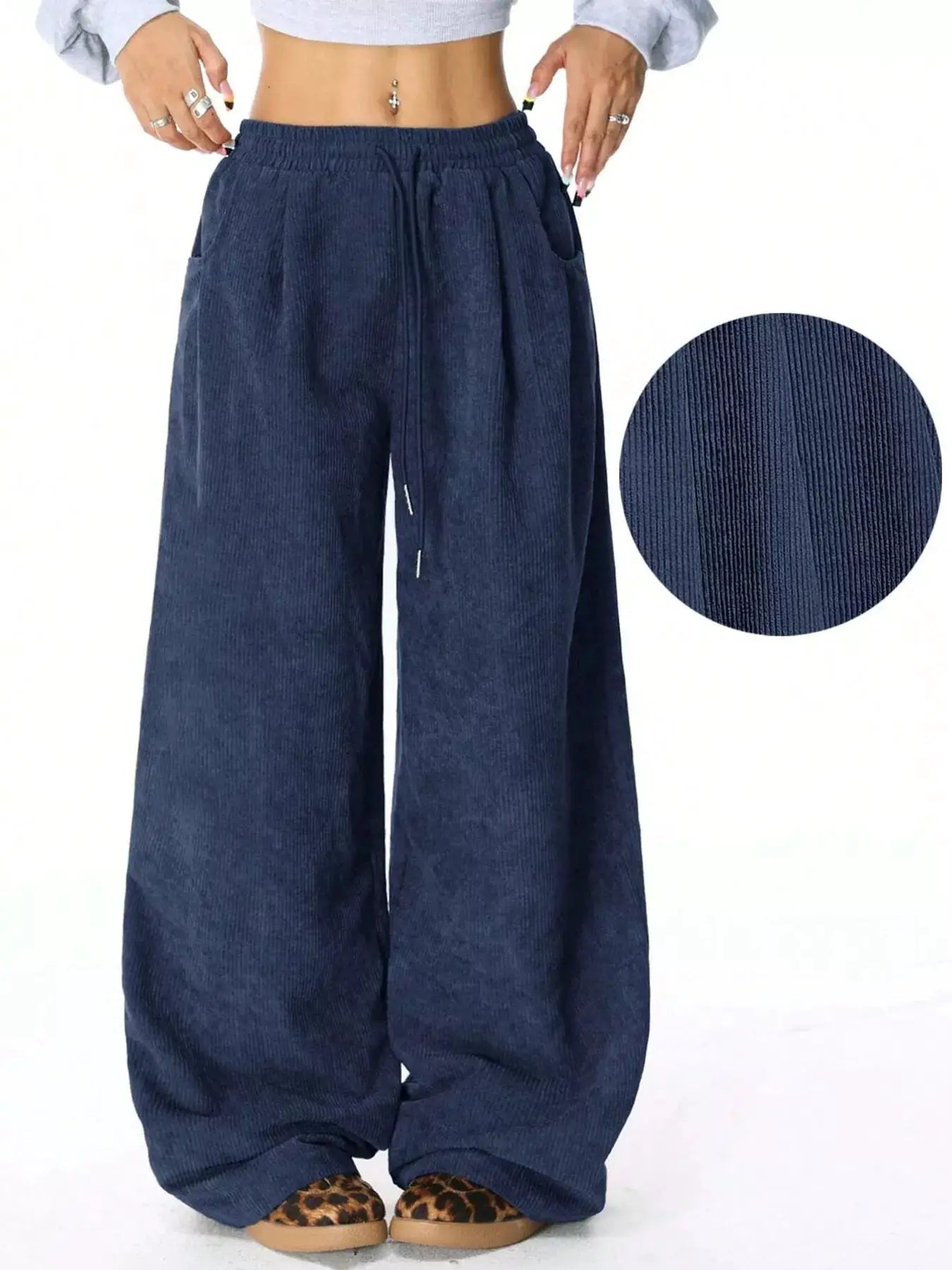 Casual Corduroy Wide-Leg Pants with drawstring waist and pockets in navy