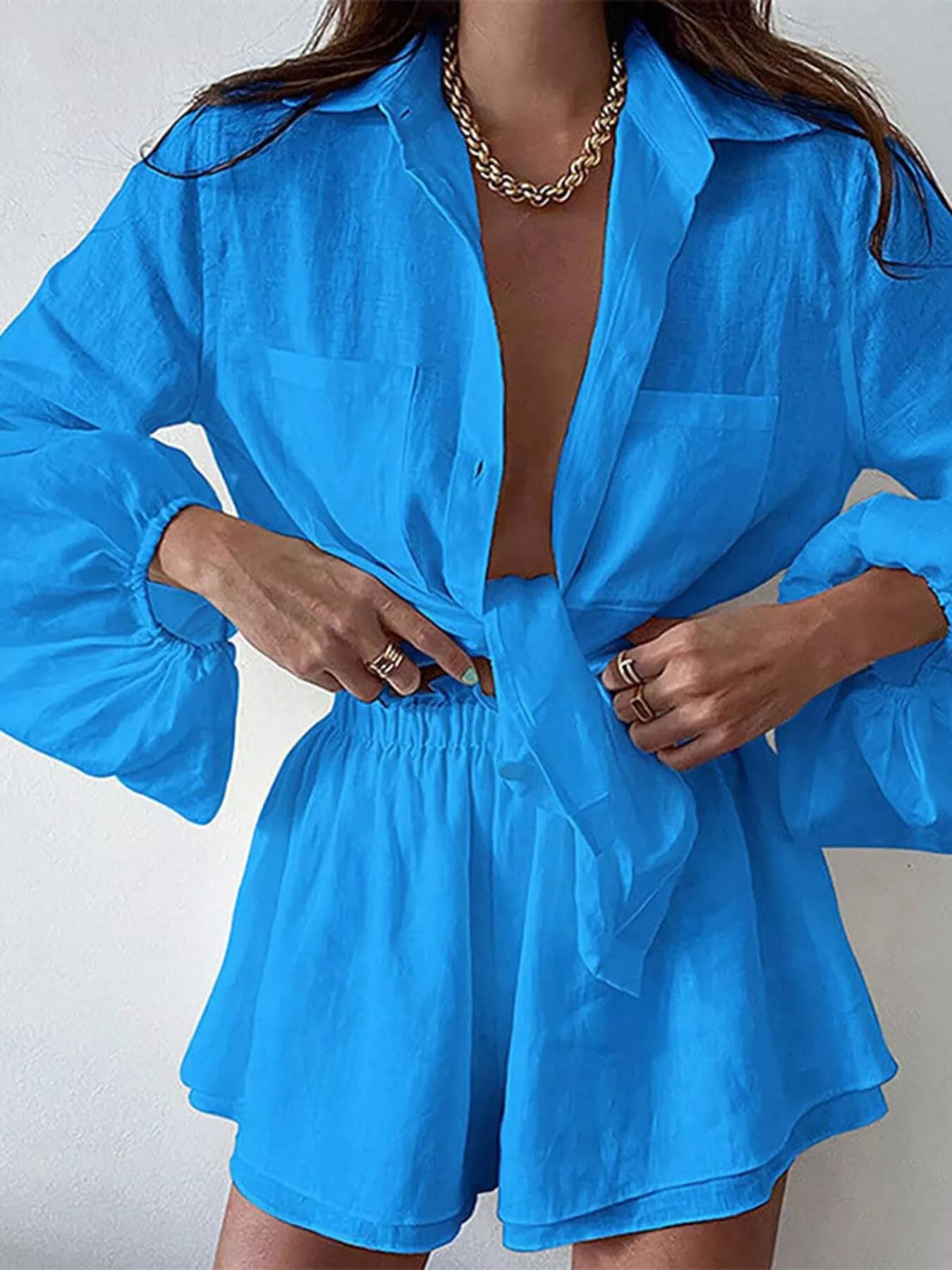 Button Up Long Sleeve Shirt and Shorts Set in bright blue, open-front with front tie.
