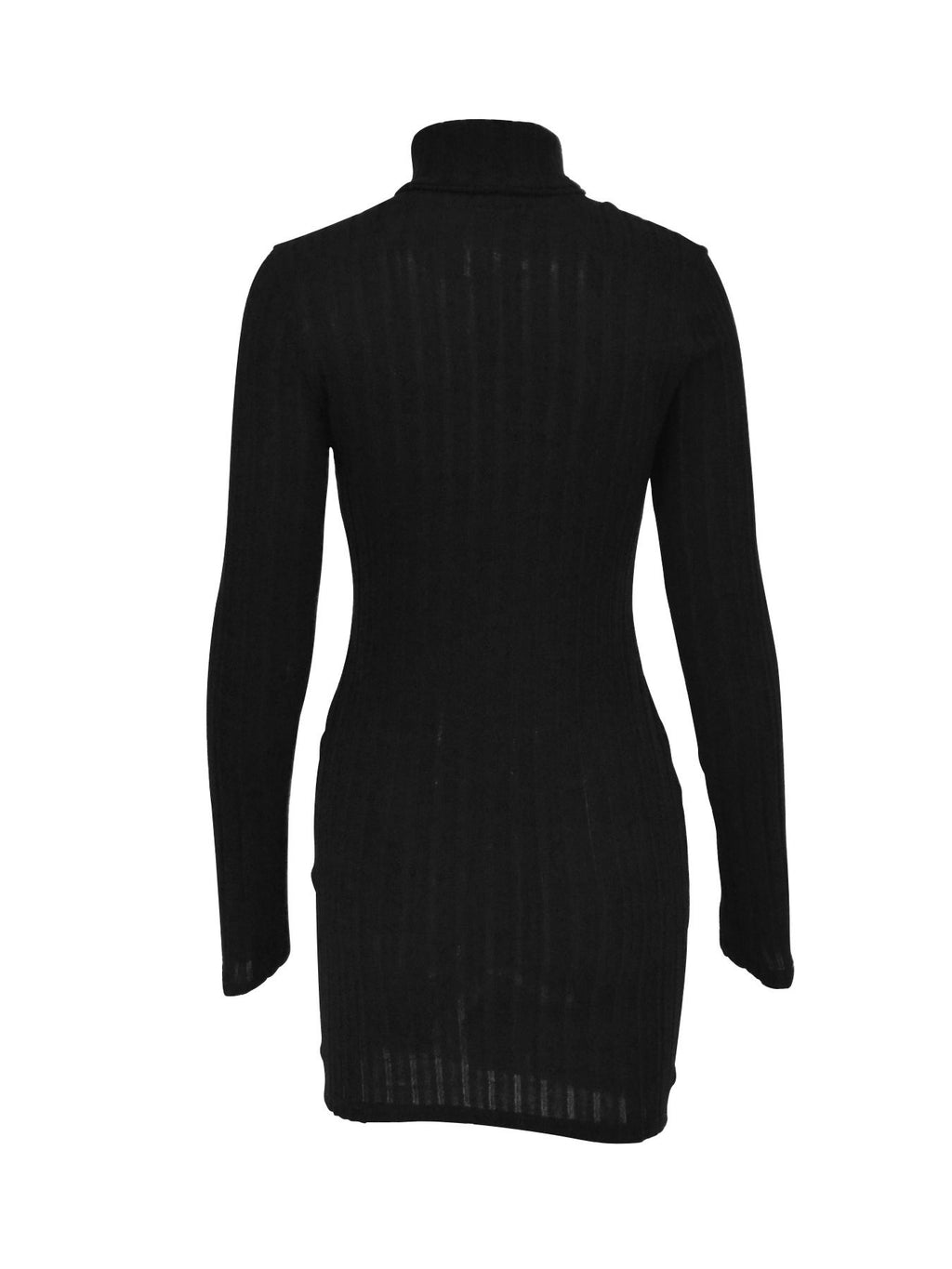 Turtleneck ribbed bodycon mini dress back view in black by Trendsi