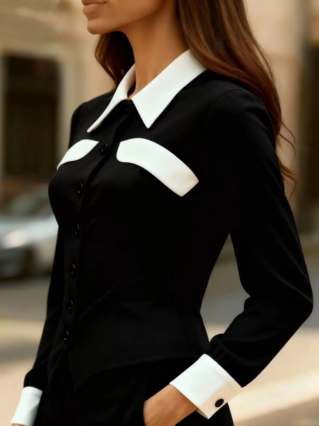 Contrast Button-Down Shirt by Belle Bijouix; black fabric with white collar and cuffs.