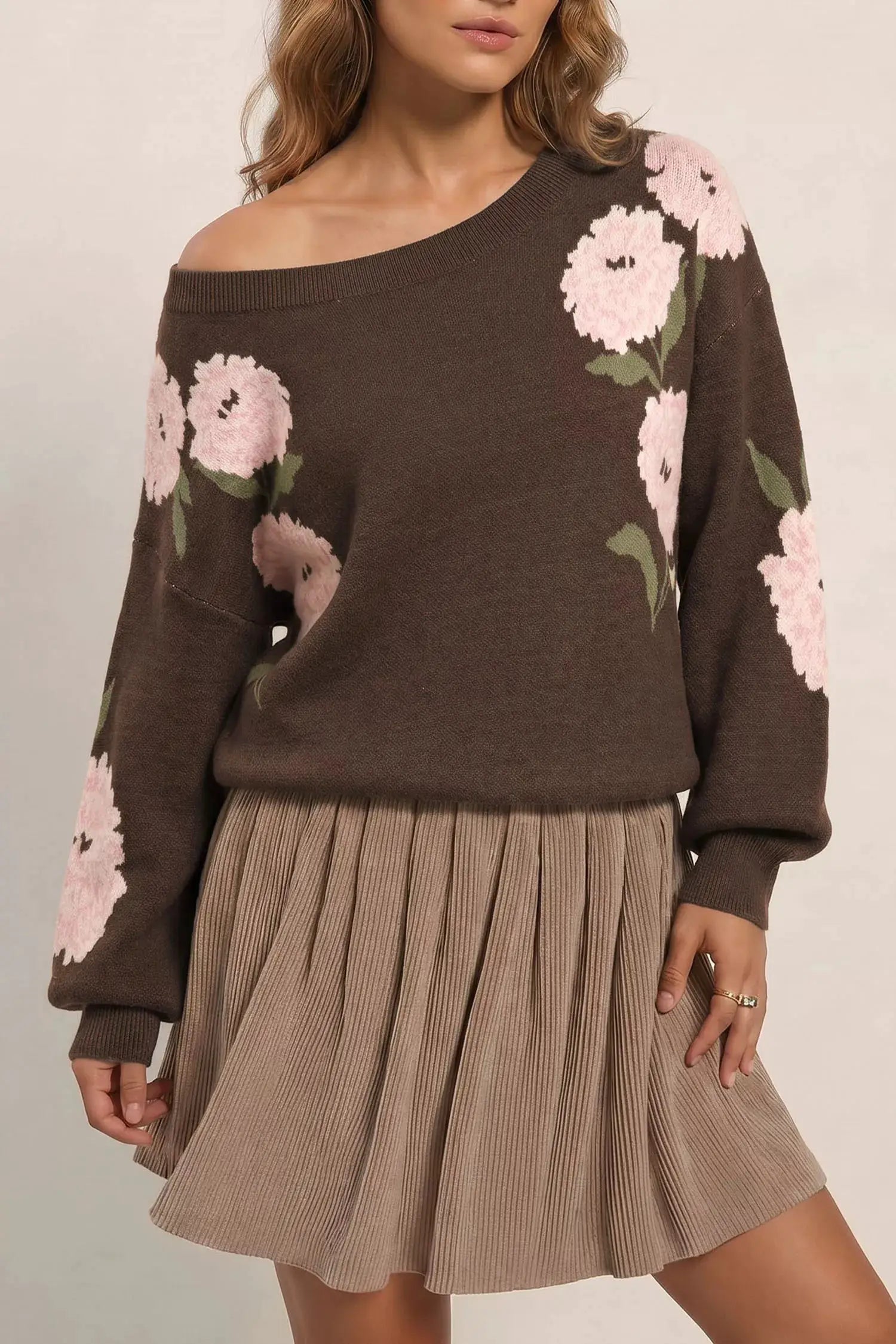 Floral print drop-shoulder relaxed sweater in brown with pink blossoms, long sleeves
