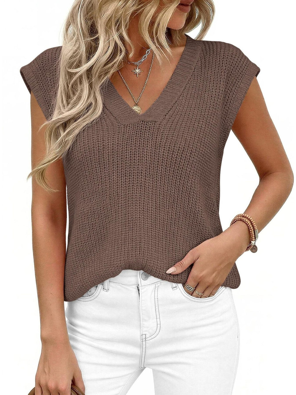 V-Neck Sweater Vest by Trendsi in brown knit fabric, sleeveless