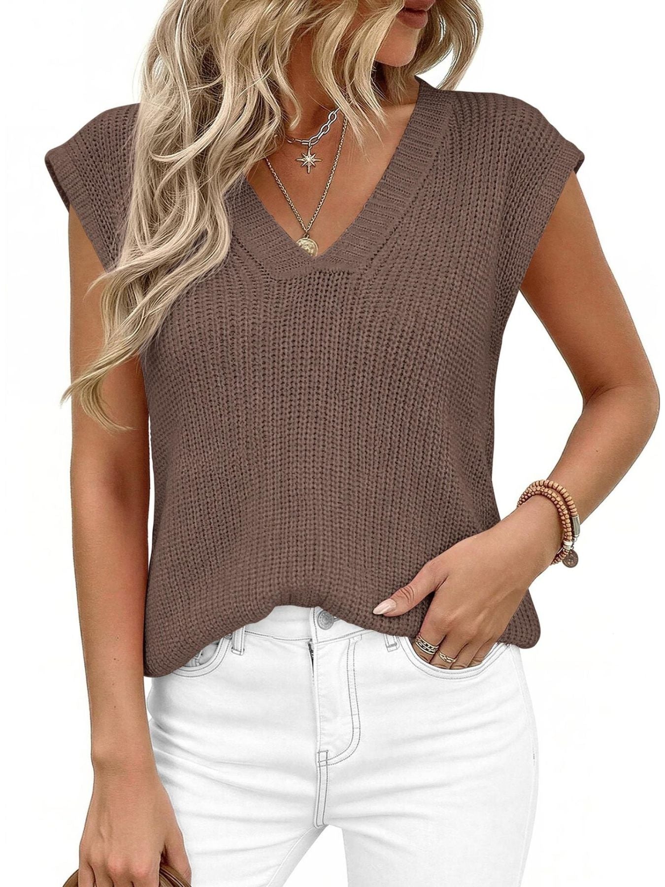 V-Neck Sweater Vest by Trendsi in brown knit fabric, sleeveless