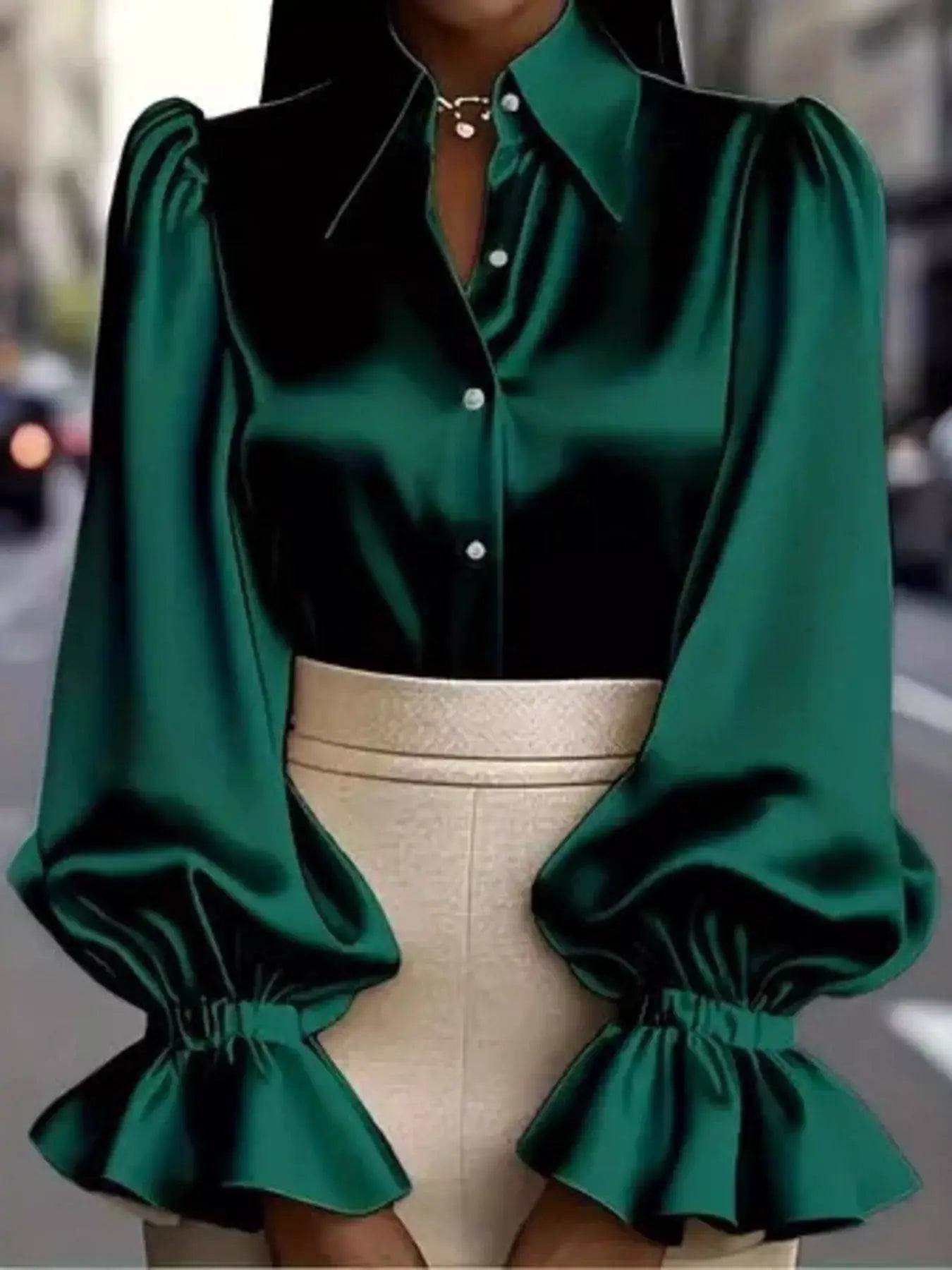 Satin Button Up Flounce Sleeve Shirt in emerald green with white buttons