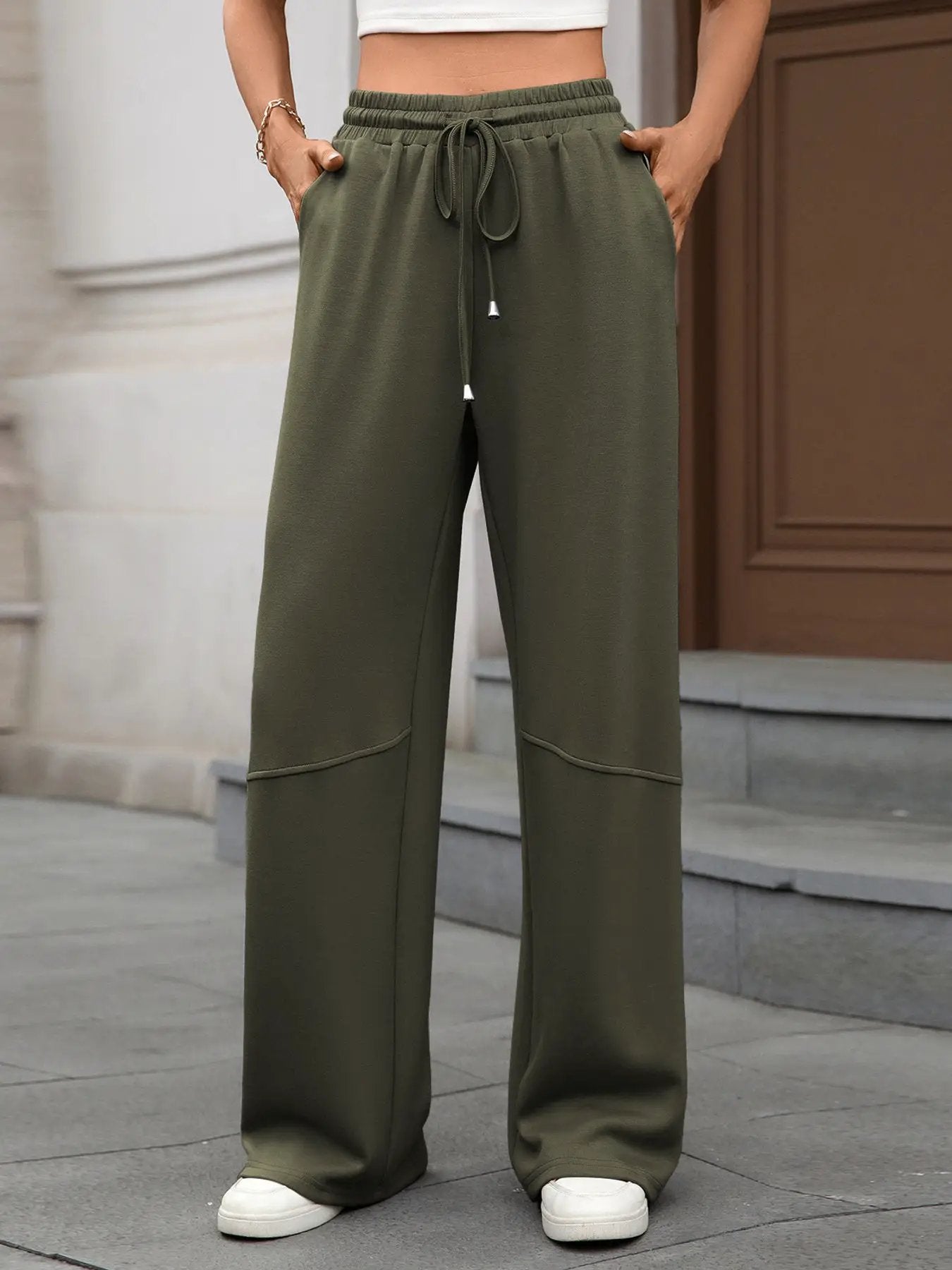 Drawstring high-waist wide-leg olive green casual pants with pockets