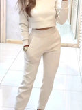 Casual Chic Cropped Sweatshirt and Jogger Set, beige two-piece activewear with pockets