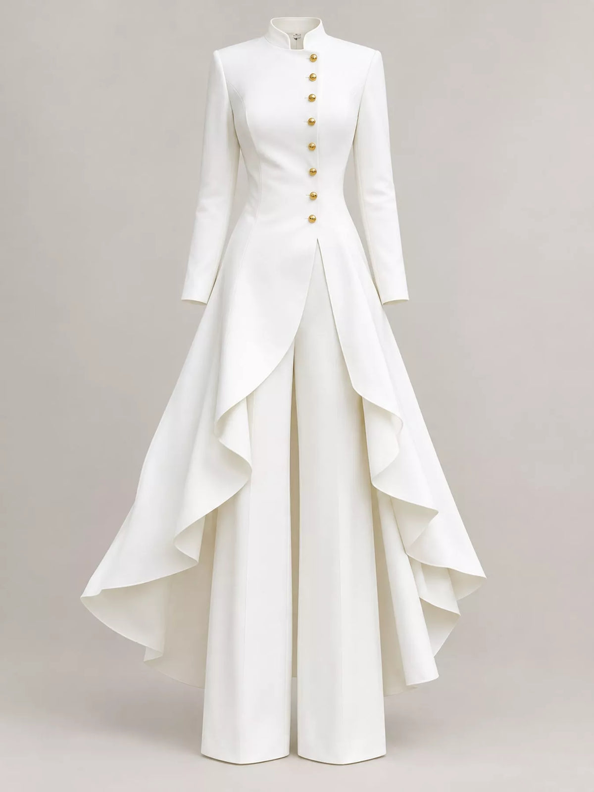 Ruffled High-Low Button Tunic & Wide-Leg Pants Set in White by Belle Bijouix – view 9 of 82
