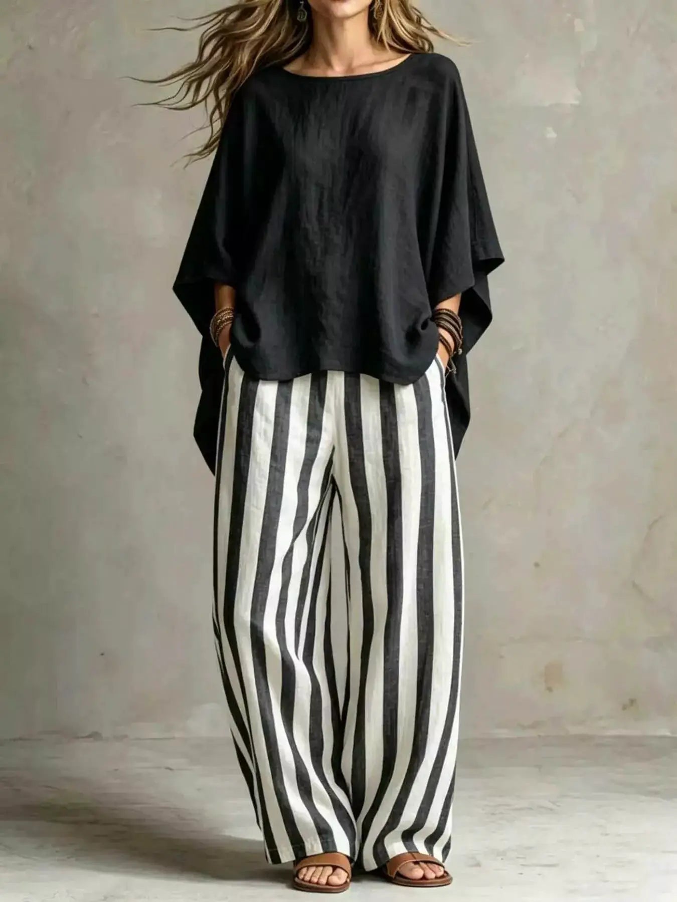 Full Size Solid Color Top and Pants Set Plus Size by Belle Bijouix; black oversized top with striped pants