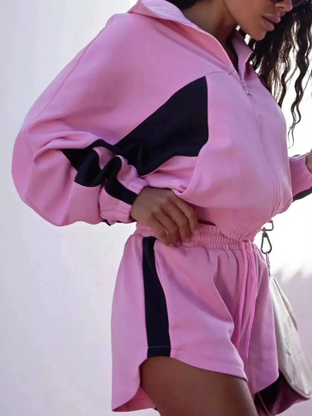 Two-piece Zip-Up Long Sleeve Top & Shorts Set in pink with black color-block panels activewear