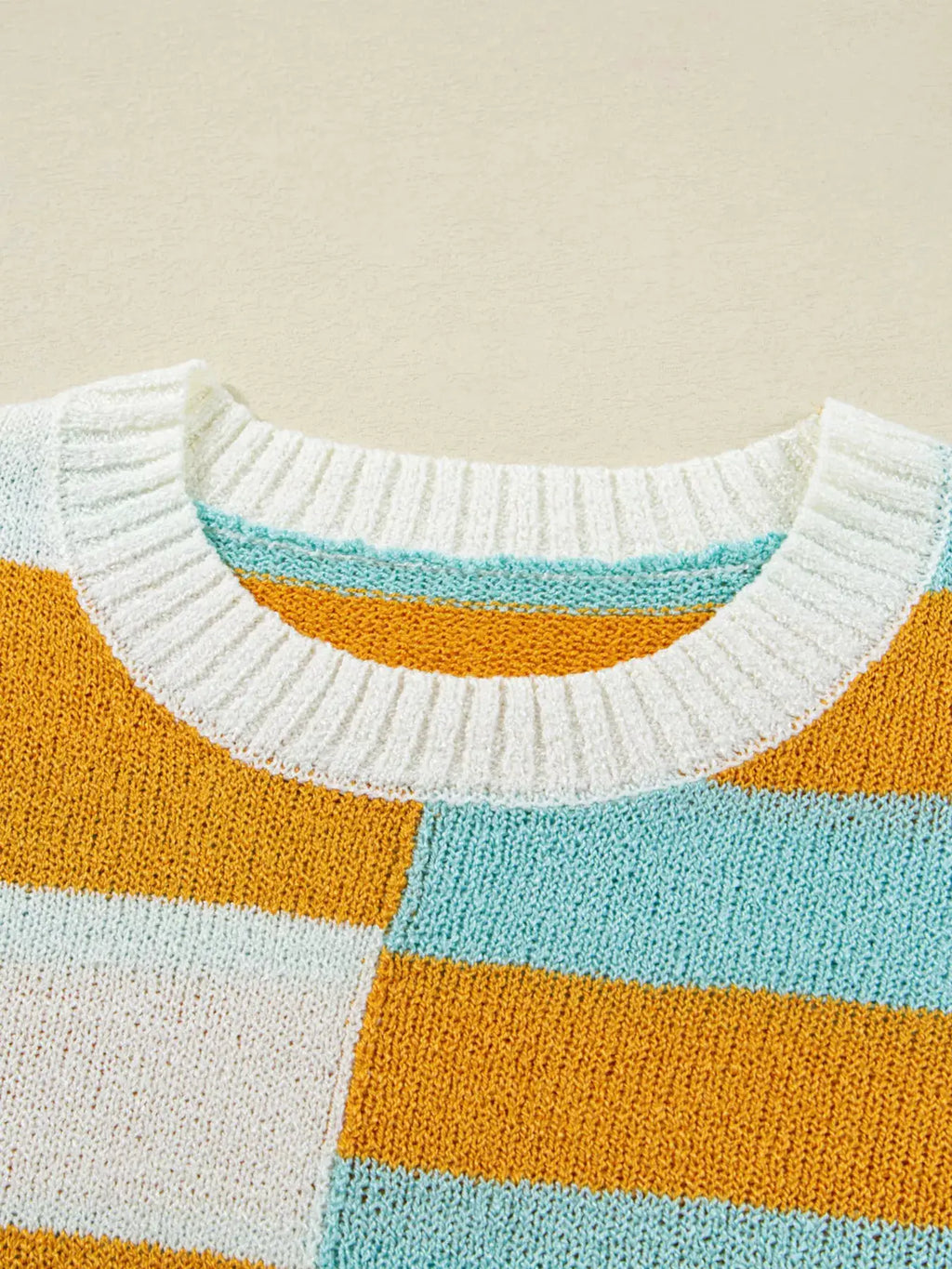 Color Block Striped Sweater with white ribbed collar in orange and teal knit