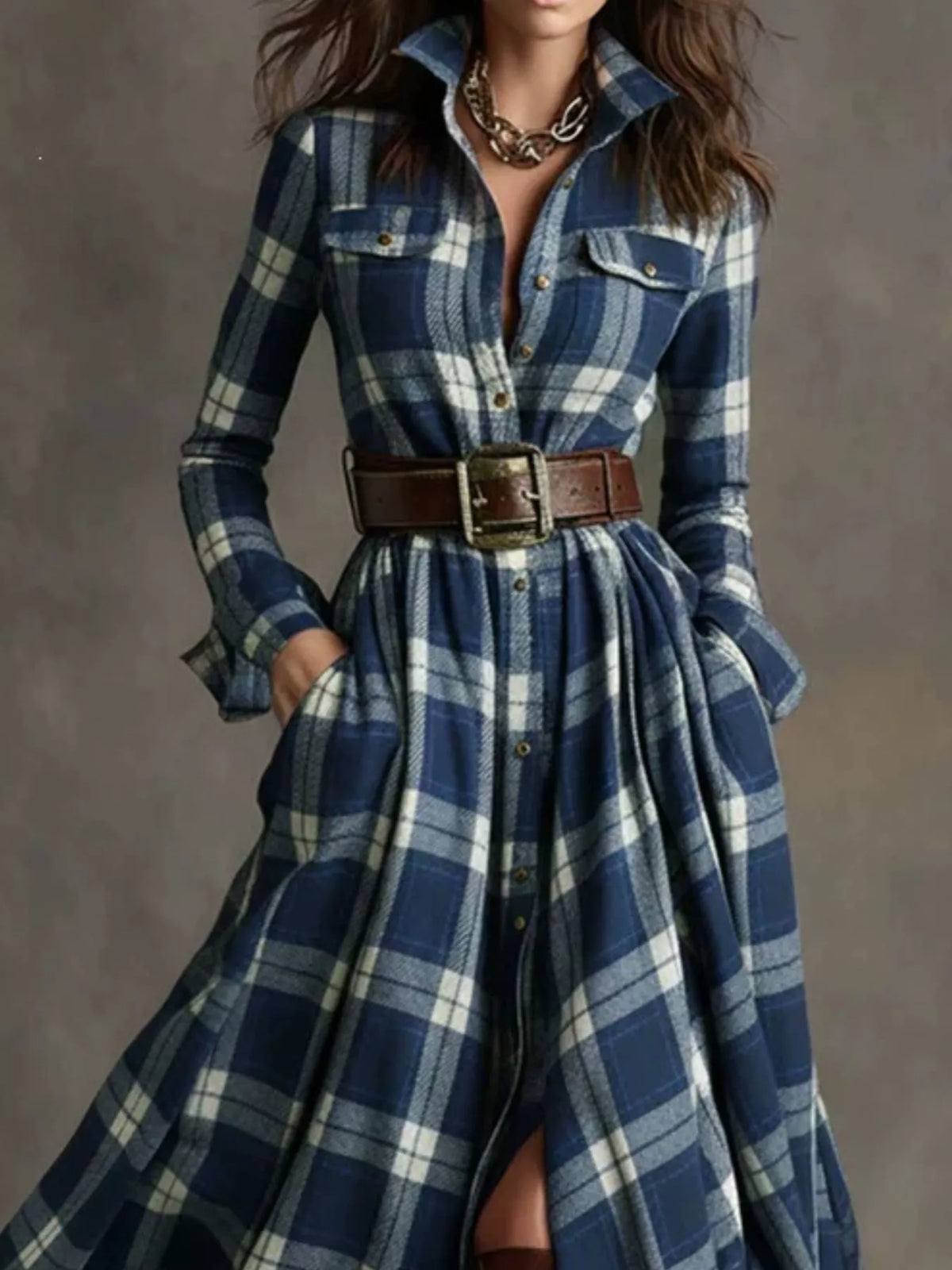 Belted Plaid Button-Down Maxi Shirt Dress in Blue Plaid by Belle Bijouix – view 8 of 27