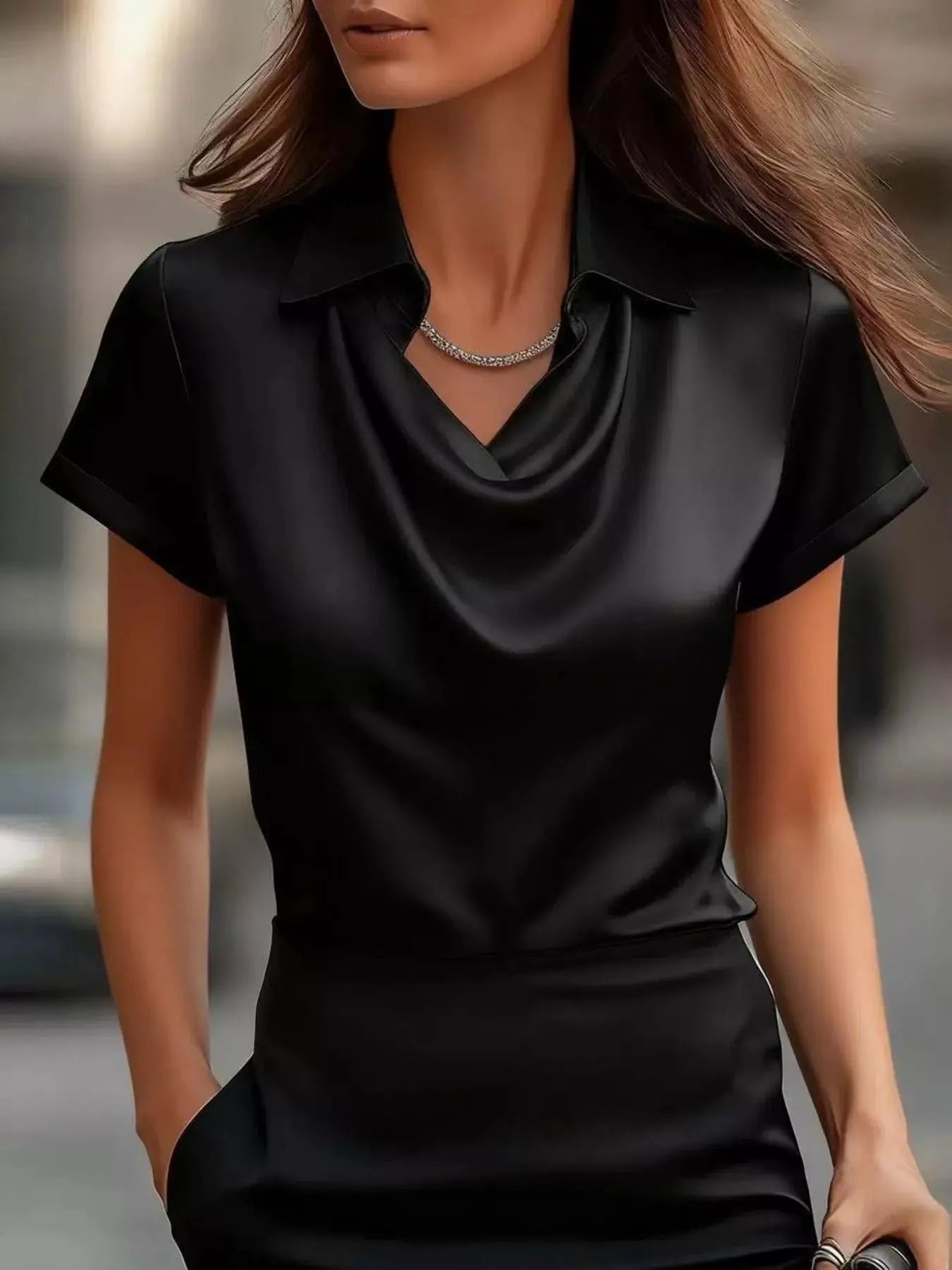 Full-Size Cowl Neck Satin Blouse by Trendsi, black, plus size, short sleeves