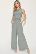 Basic Bae ribbed tank and wide-leg pants set in gray with pockets.