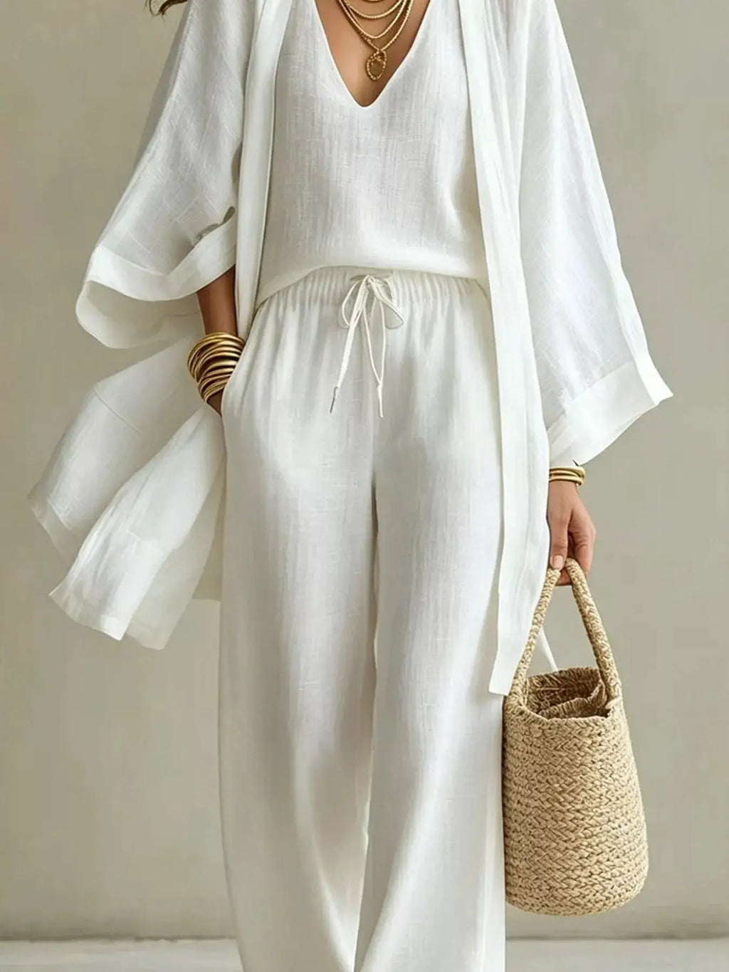 Plus Size V-Neck Tank & Cardigan and Pants Set in white linen