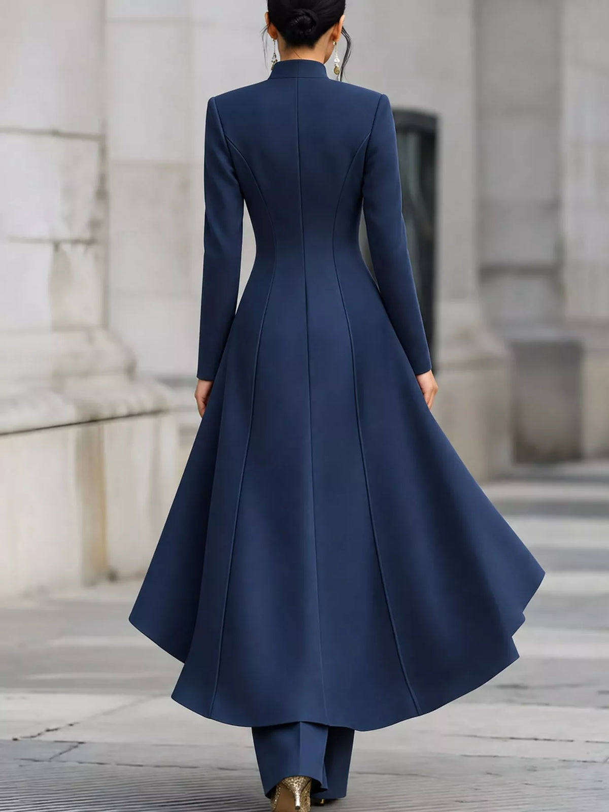 Ruffled High-Low Button Tunic & Wide-Leg Pants Set in Navy by Belle Bijouix – view 37 of 82
