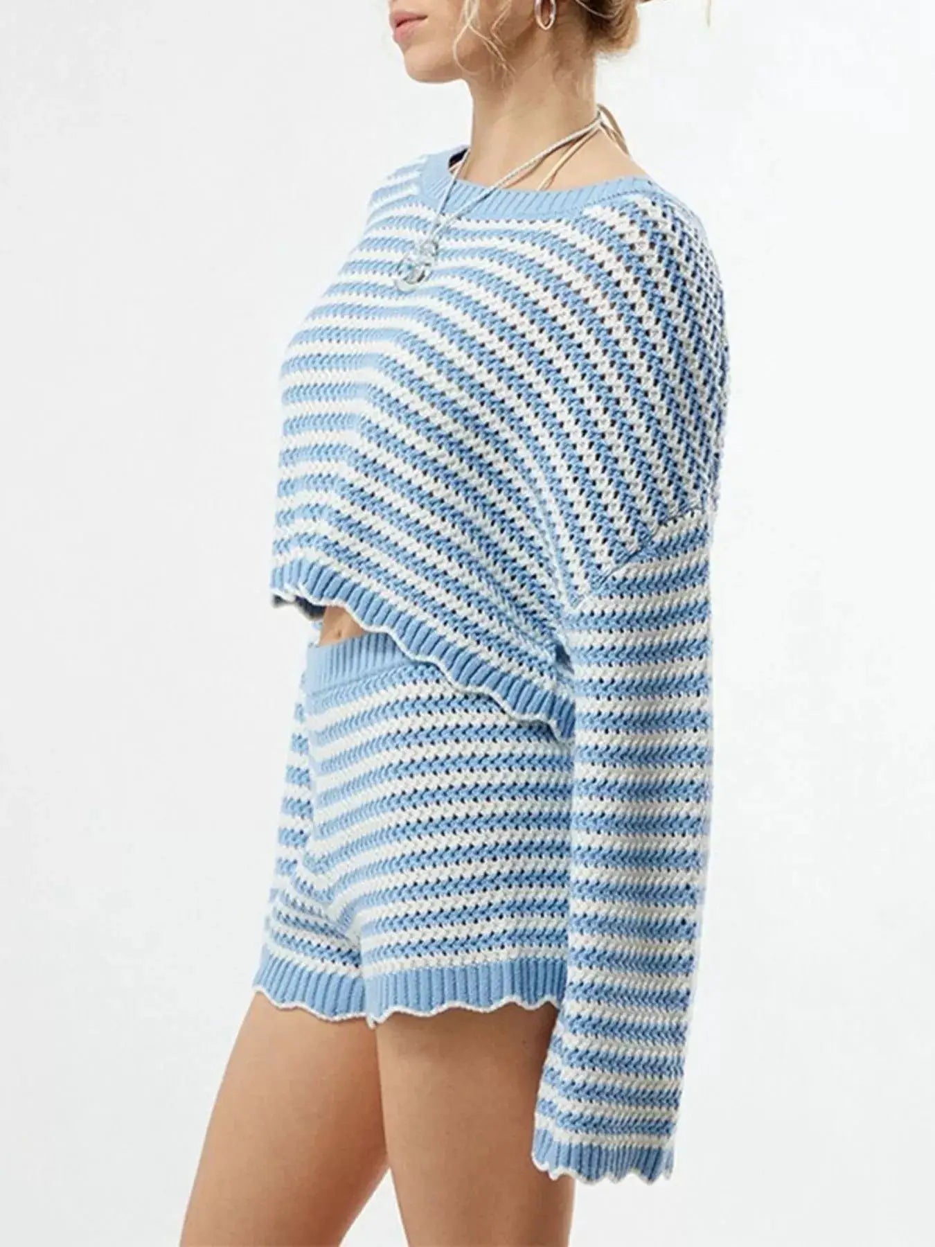 Scalloped Edges Striped Knit Top and Shorts Set by Trendsi in blue and white