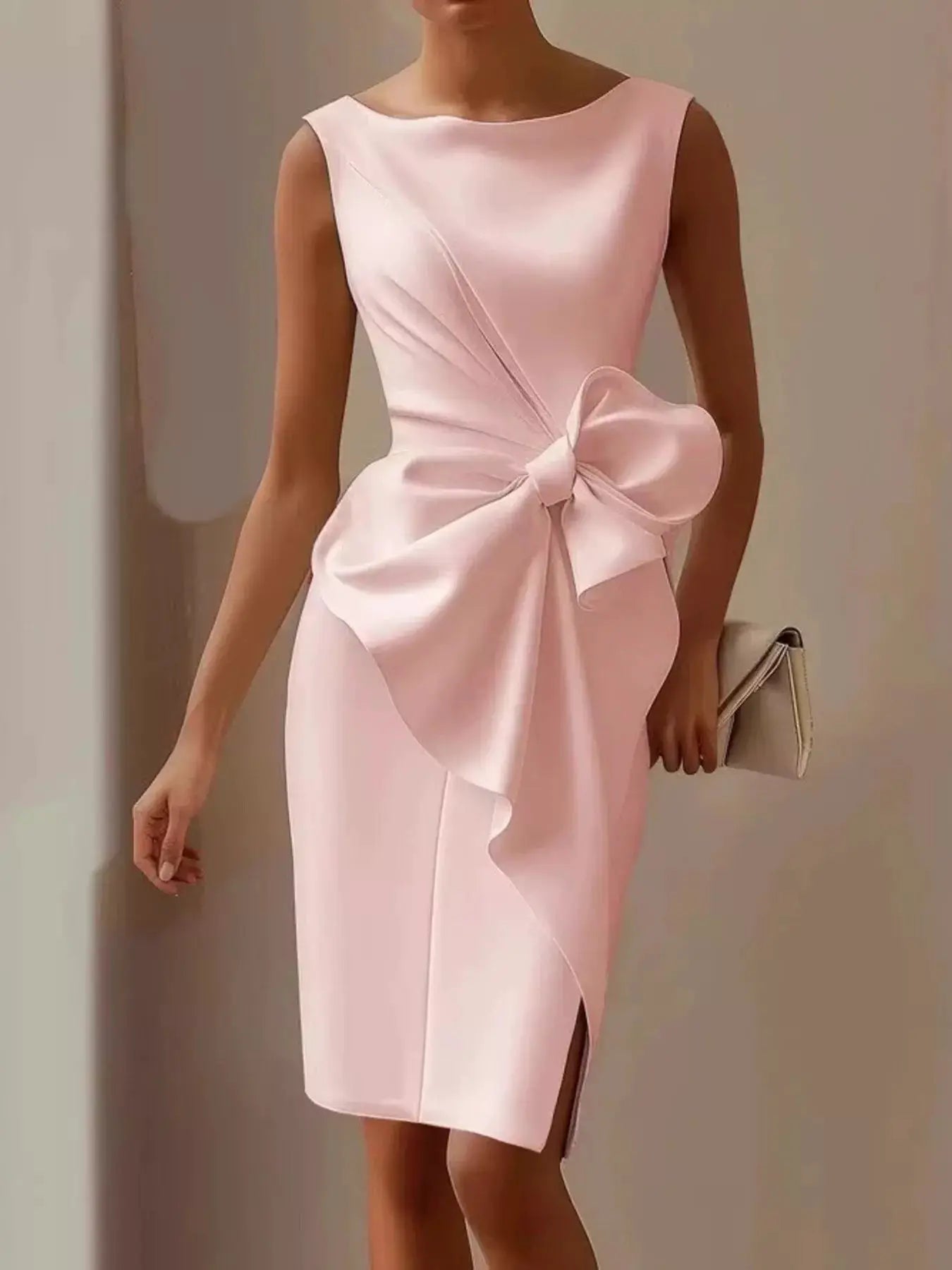 Bow-detail sleeveless pink dress with ruched waist, side bow, slit, polyester