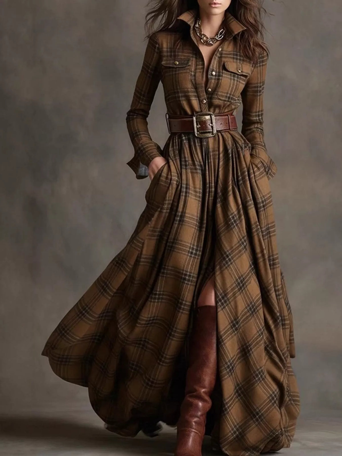 Belted Plaid Button-Down Maxi Shirt Dress in Khaki Plaid by Belle Bijouix – view 5 of 27