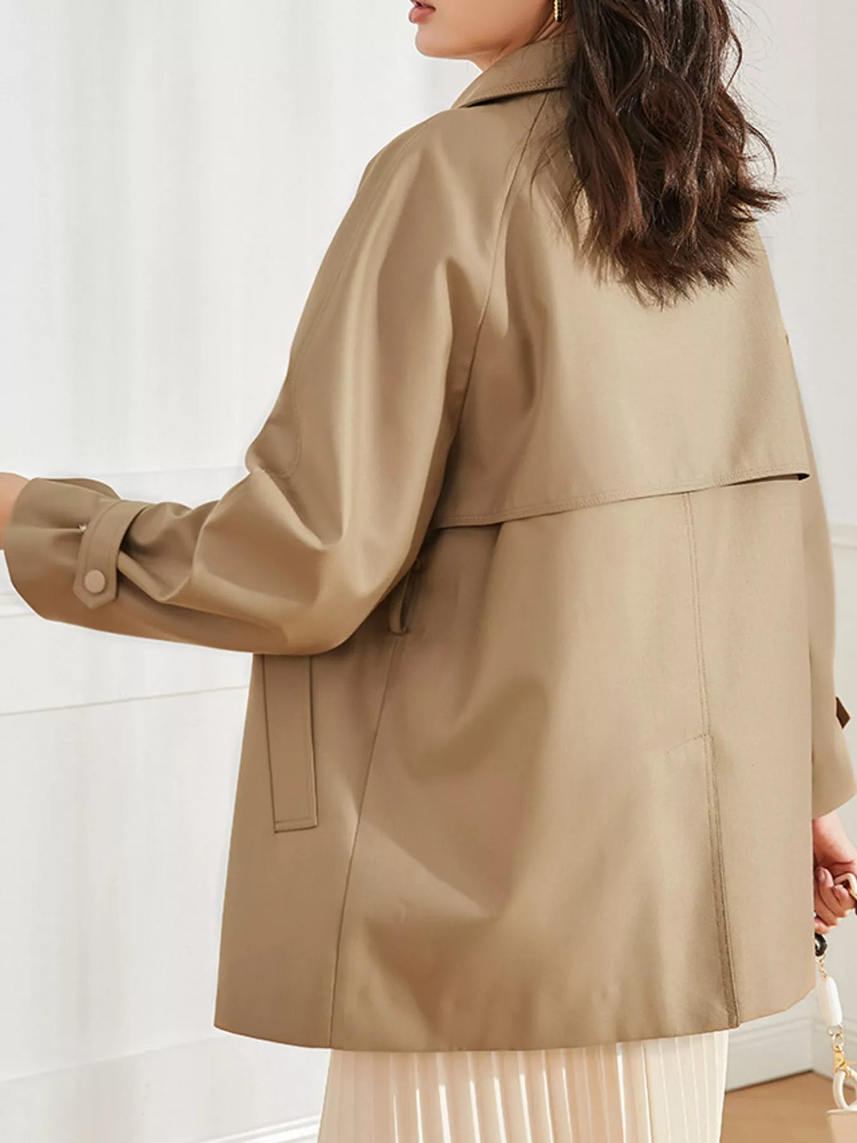 Double-Breasted Tie-Waist Short Trench Coat in Khaki by Belle Bijouix – view 19 of 20