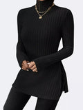 Plus Size Slit Ribbed Turtleneck Long Sleeve Top in black, ribbed knit with side slit