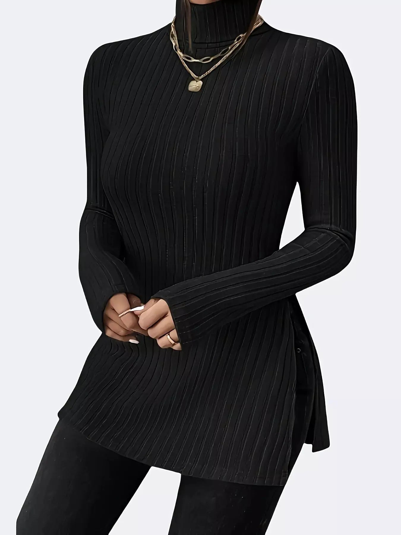 Plus Size Slit Ribbed Turtleneck Long Sleeve Top in black, ribbed knit with side slit