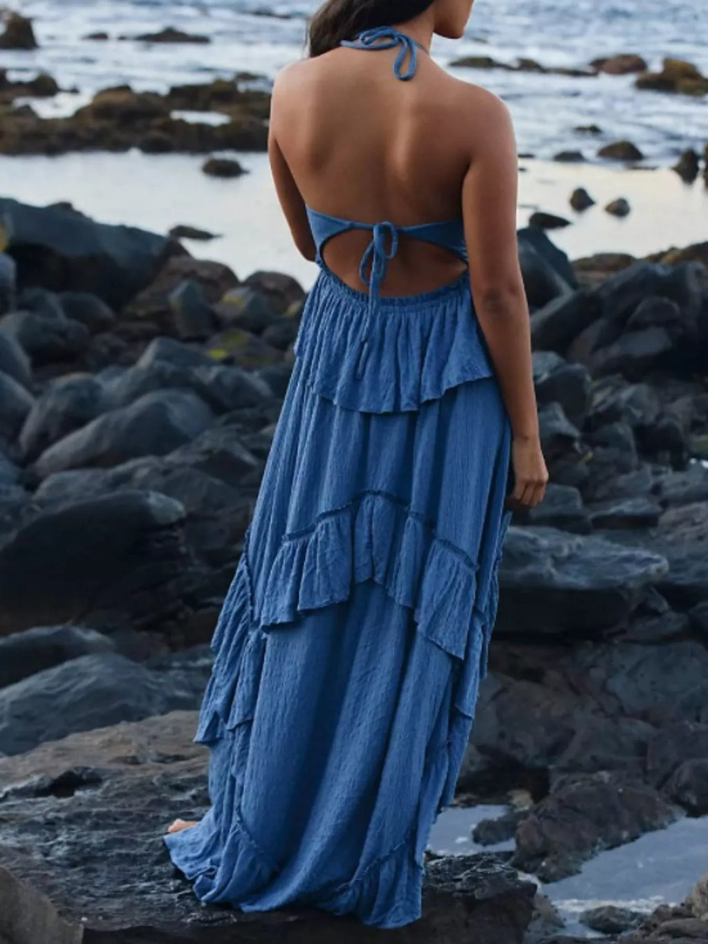 Ruffled Halter Neck Maxi Dress in blue with back-tie and tiered layers.