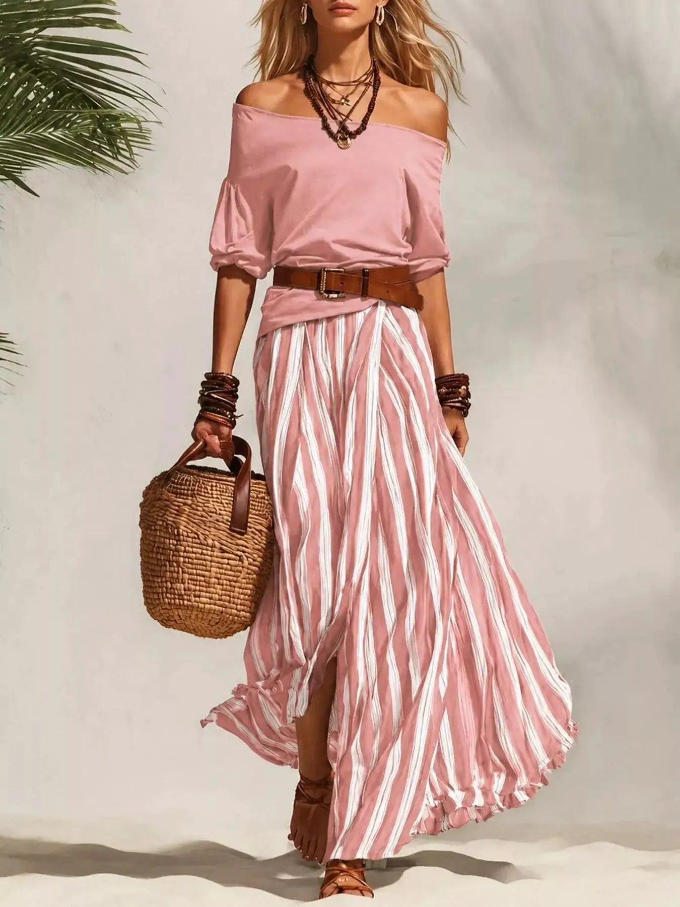 Belle Bijouix Off-Shoulder Top and Striped Maxi Skirt Set in pink stripes with brown belt