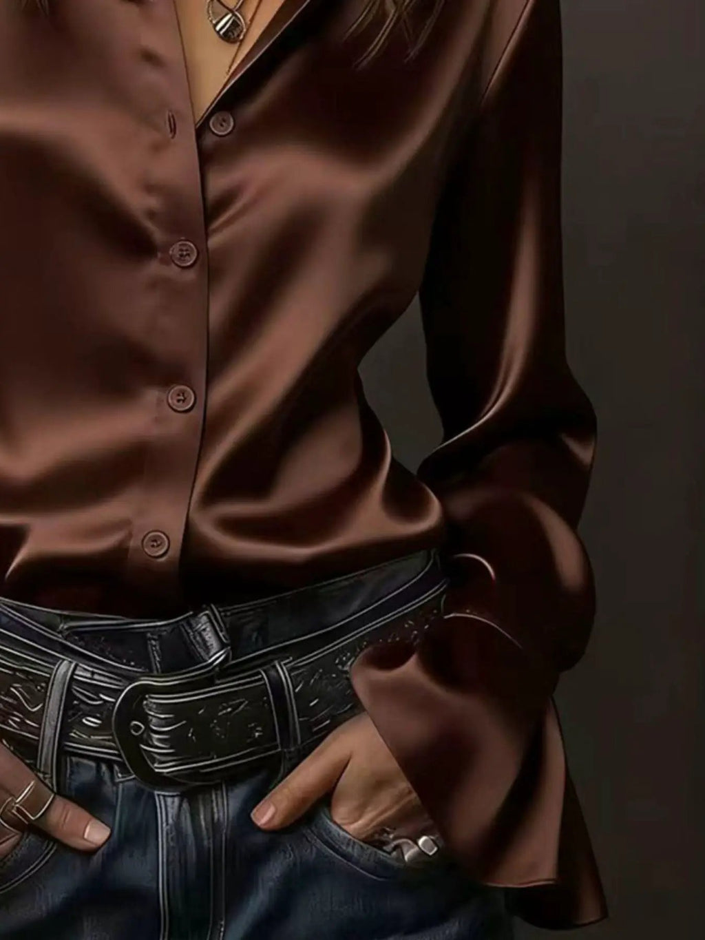 Button Up Shirt with front buttons in rust satin and ruched details